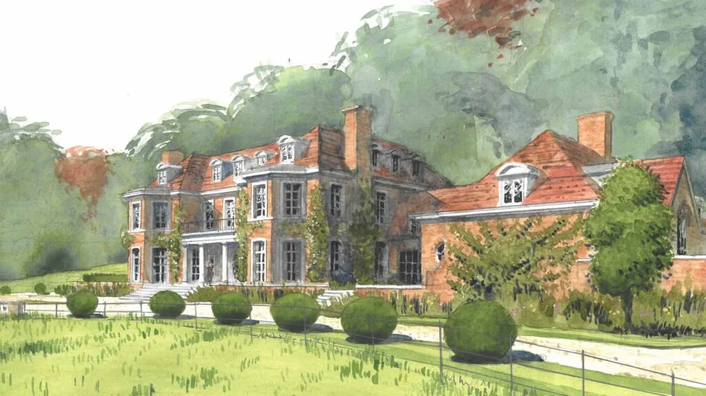 Francis Terry Illustration - watercolour painting of a grand brick house set against a green woodland