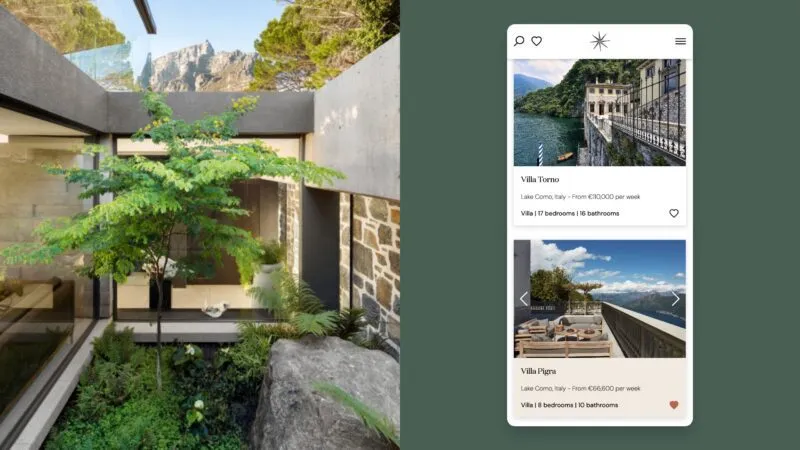 A image divided equally in the centre of the image, vertically. Right side showcases a snapshot from The Luxury Travel Book website presenting the main landing page; it is on a pastel forest green background. Left side presents an extreior of one of the properties available from The Luxury Travel Book.